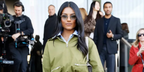 Simone Ashley was seen wearing pale gold Prada PR 65ZS ZVN70L round sunglasses with green lenses to attend the Prada Fall/Winter 2025 fashion show during Milan Fashion Week