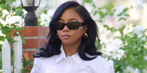 Actress Skai Jackson was seen wearing black Prada PR 27ZS 16K08Z rectangular sunglasses in November 2024. Shop online now on Pretavoir