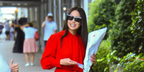 Sofia Carson was seen wearing black Loewe Anagram LW40036I 01A cat eye sunglasses in New York City