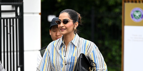 Sonam Kapoor wears Bottega Veneta BV1330S 003 cat eye sunglasses to the Wimbledon Tennis Championships