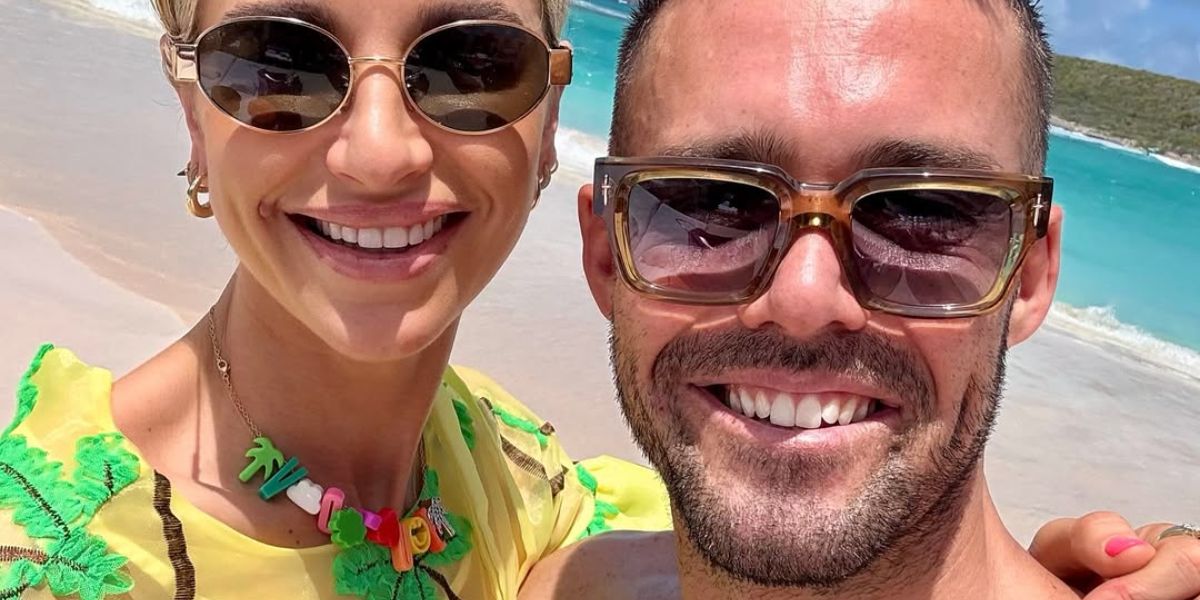Spencer Matthews, pictured with wife Vogue Williams, was seen wearing Cutler and Gross Sun X The Great Frog Titan GFSN014 03 Crystal Tobacco sunglasses in his Instagram post
