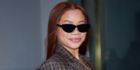 Storm Reid was seen wearing black Coach Cdp42 HC8456D 5002/87 cat eye sunglasses in New York City, April 2026.