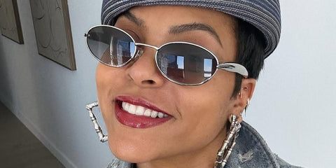 Taraji P. Henson was seen wearing silver Bottega Veneta Sardine BV1386S 003 oval sunglasses in her Instagram post, June 2026.