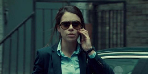 Canadian actress Tatiana Maslany was seen wearing tortoiseshell Ray-Ban Cats 5000 RB 4125 710/51 aviator sunglasses in Orphan Black, season 4 episode 1.