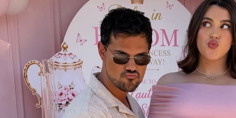 Taylor Lautner was seen wearing gold Ray-Ban RB 3768 001/73 at his and wife Taylor's baby shower in August 2026.
