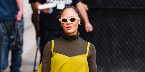 Tessa Thompson is seen wearing Loewe x Paula's Ibiza LW40088U 57E sunglasses to the Jimmy Kimmel Live