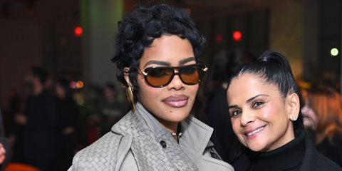 Teyana Taylor, pictured with businesswoman Bela Bajaria, was seen wearing black Bottega Veneta BV1418S 001 sunglasses with yellow lenses at the The Rip World Premiere Afterparty in New York City, January 2026