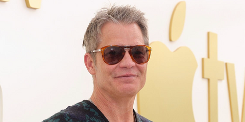 Actor Timothy Olyphant was seen wearing tera di siena Persol Steve McQueen 0714SM 96/53 Folding sunglasses with purple brown lenses at the Apple TV Press Day in Santa Monica, February 2026