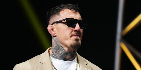 Mixed martial artist Tom Aspinall was seen wearing black Gucci GG0010S 001 sunglasses at the UFC 321 Press Conference in Abu Dhabi, October 2025.