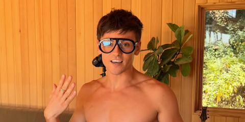 Tom Daley was seen wearing black Tom Ford Troy TF836 001 Blue Control sunglasses in his Instagram post, August 2026.