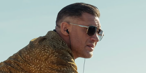 Tom Hardy was seen wearing gold Gucci GG0336S 001 aviator sunglasses in Mobland season 2