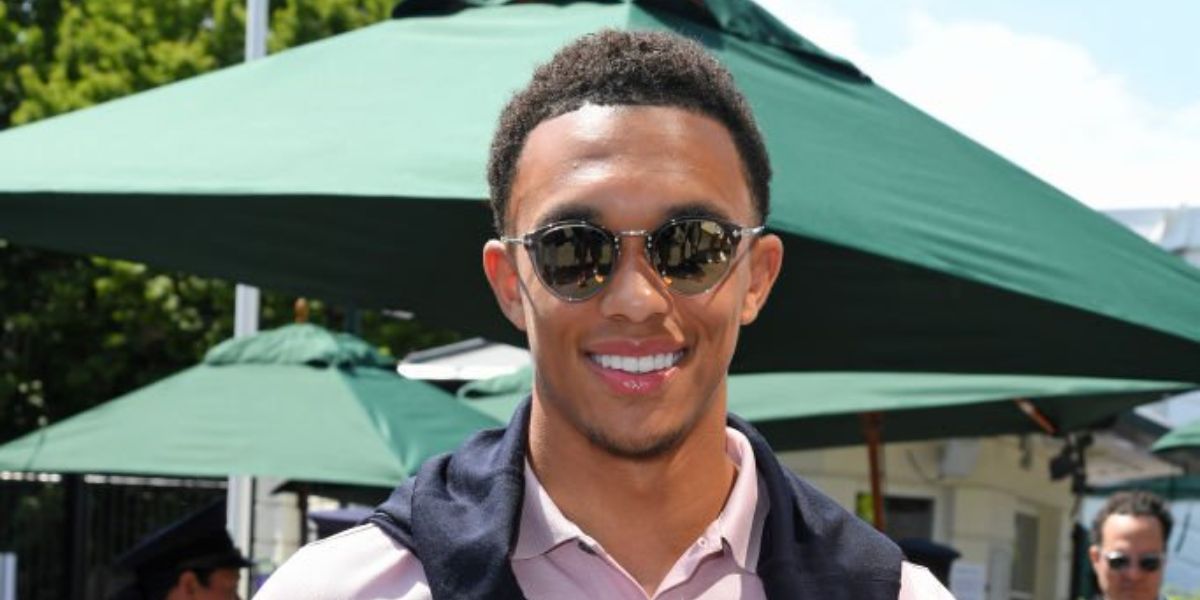 Trent Alexander-Arnold was seen wearing grey and gold Oliver Peoples OP-505 OV5184S 1436/39 round sunglasses to the Wimbledon championship