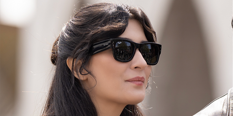 Turkish actress Tuba Buyukustun was seen wearing black Ray-Ban Mega Wayfarer RB 0840S 901/31 sunglasses in the promotional image of 2025 movie Dehset Bey.