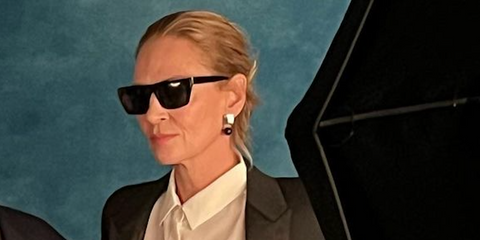 Uma Thurman wears Saint Laurent Sun SL 1/F 001 sunglasses at the New York Film Festival 2024