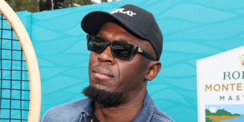 Jamaican sprinter and eight-time Olympic gold medalist Usain Bolt was seen wearing black Versace 4490U GB1/87 sunglasses at Rolex Monte-Carlo Masters in April 2026.