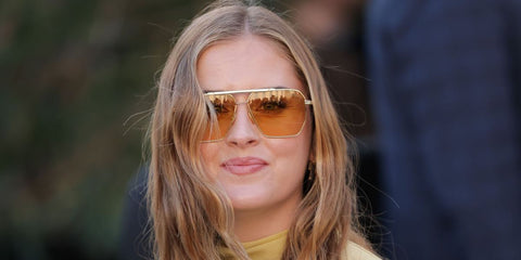 Italian entrepreneur and influencer Valentina Ferragni was seen wearing gold Bottega Veneta BV1012S 008 aviator sunglasses with brown lenses to attend the Elie Saab Fall/Winter 2025 fashion show during Paris Fashion Week