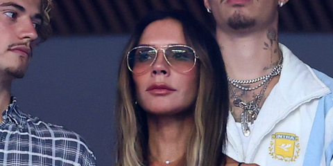 Victoria Beckham was seen wearing gold Victoria Beckham VB1008/S/BB J5GVM Blue Control aviator sunglasses at the FIFA World Cup 2026