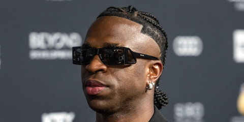 Brazilian footballer Vinicius Junior was seen wearing black Prada PR B03S 1AB5S0 sunglasses at the Globe Soccer Awards ceremony in Dubai, December 2024. Shop online now on Pretavoir