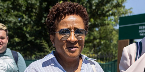 Comedian and actress Wanda Sykes was seen wearing silver Ray-Ban Jack RB 3565 003/3F sunglasses with blue gradient lenses at the Wimbledon Tennis Championships 2026.