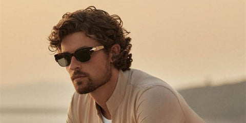 Dutch model Woulter Peelen was seen wearing tortoiseshell Persol Tom 3319S 24/31 half-rim sunglasses in the Persol Spring/Summer 2024 campaign