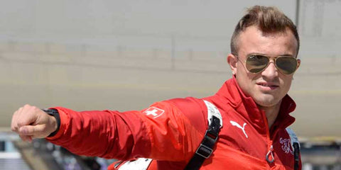 Swiss footballer Xherdan Shaqiri was seen wearing Ray-Ban Aviator 3025 001/58 Gold Frame G15 Polarised sunglasses. Shop online now on Pretavoir