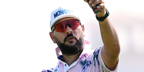 Indian cricketer Yuvraj Singh was seen wearing black Oakley Sutro Lite Sweep OO9465 02 Prizm sunglasses at the Abu Dhabi HSBC Golf Championship, November 2024