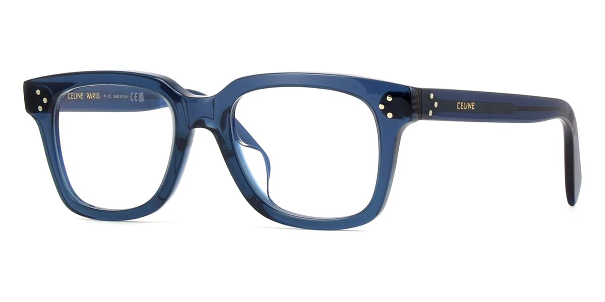 Three quarter view of chunky blue spectacle frame