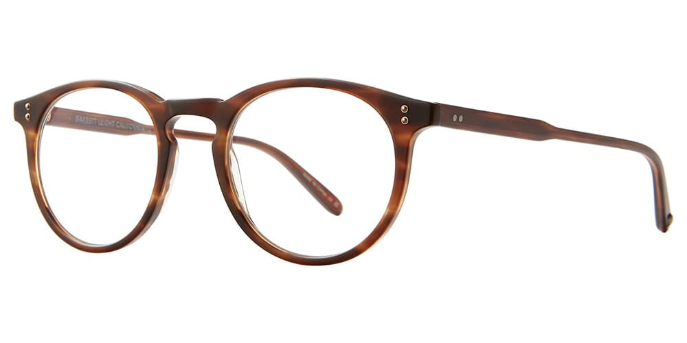 Three quarter view of round brown Havana eyeglasses