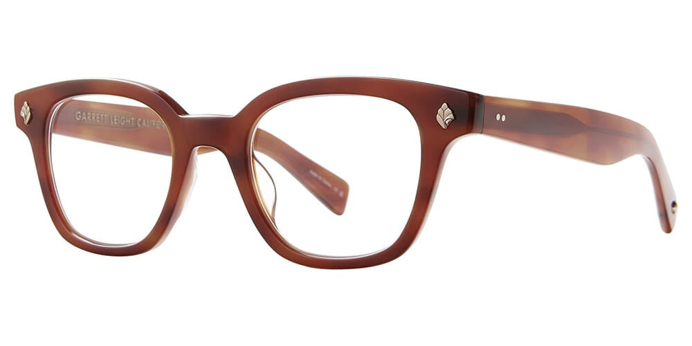 Three quarter view of Havana thick frame eyeglasses