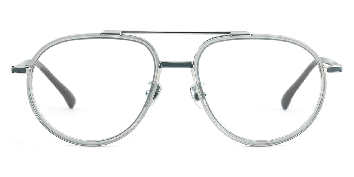 Front view of clear acetate and wire double bridge eyeglasses frame