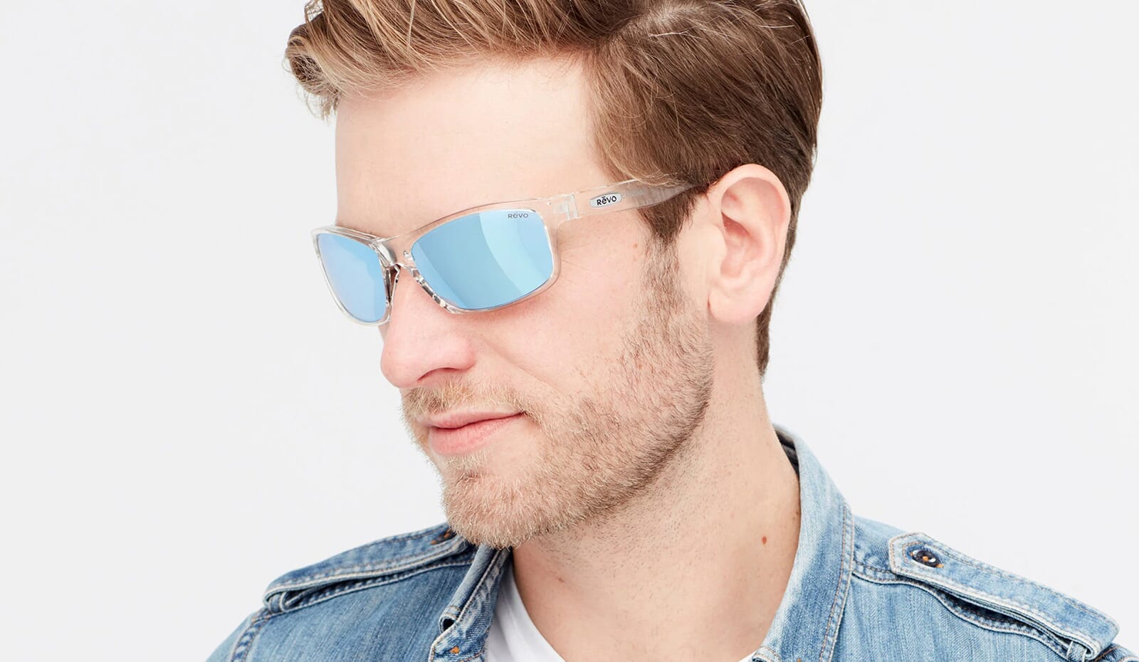 REVO Harness Sunglasses – Clear Frame, Polarized Blue Water Lens, Italian Made