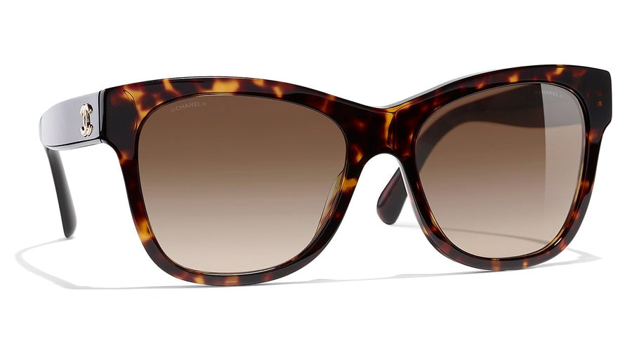 Side view of women's Chanel tortoise sunglasses frame