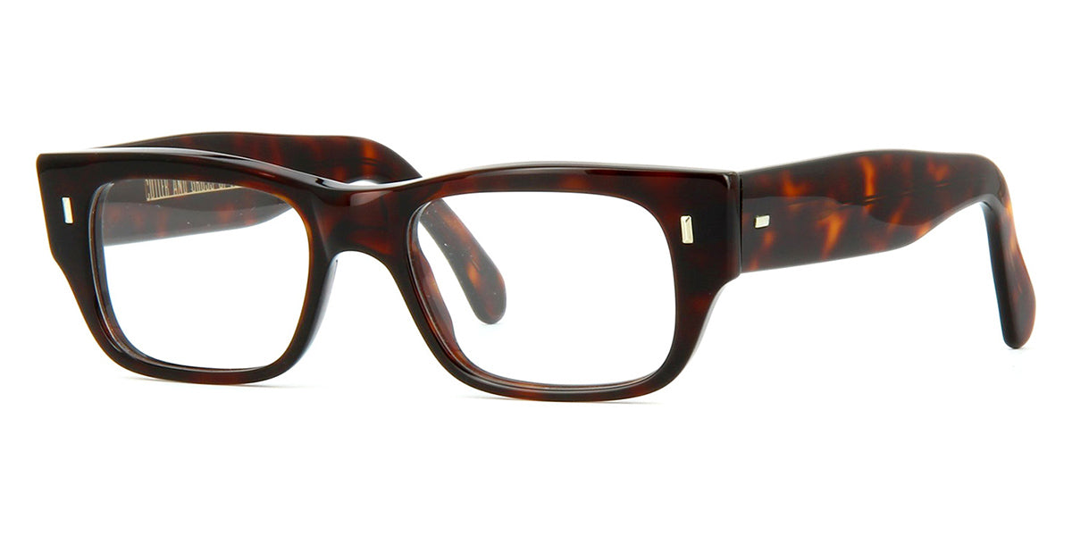 Three quarter view of thick rectangular Havana pattern eyeglasses