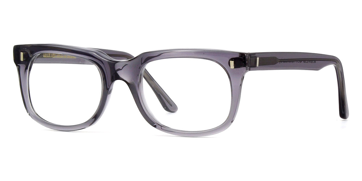 Side view of dark grey transparent eyeglasses frame