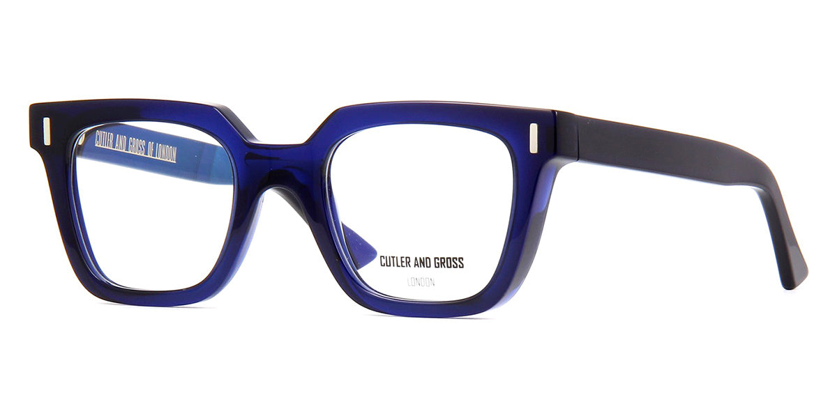 Side view of thick blue eyeglasses frame