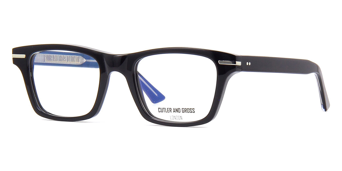 Three quarter view of thick black rectangular eyeglasses frame
