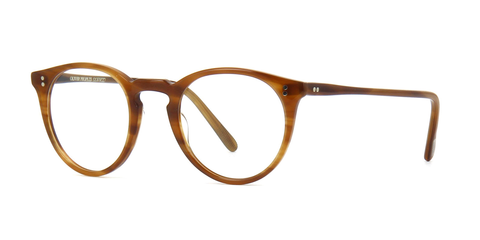 Three quarter view of round streaky brown eyeglasses