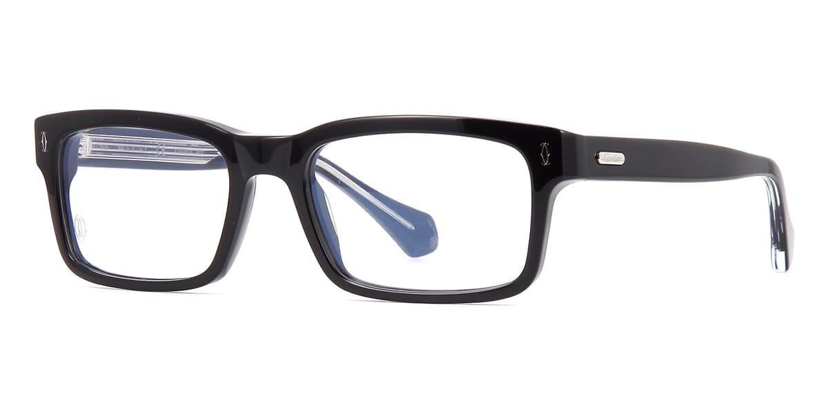 Side view of thick black rectangular spectacles