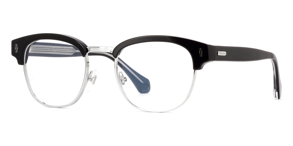 Three quarter view of black and silver semi rimless eyeglasses frame