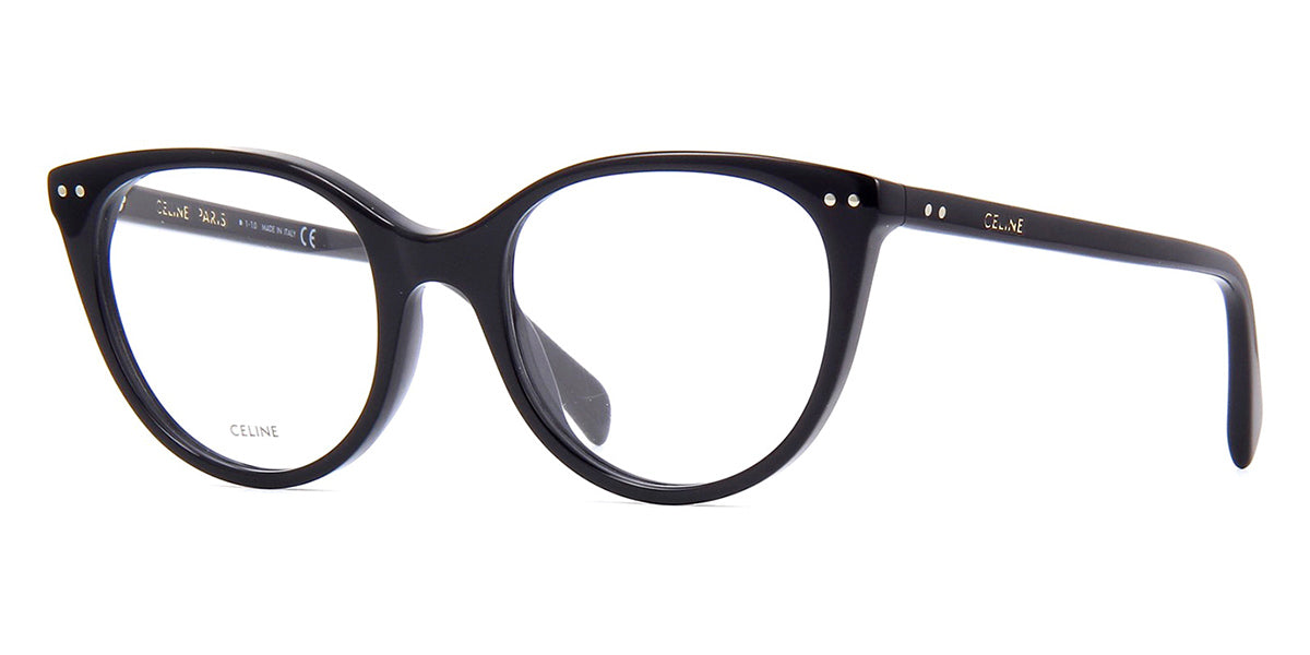 Three quarter view of black cat eye glasses frame