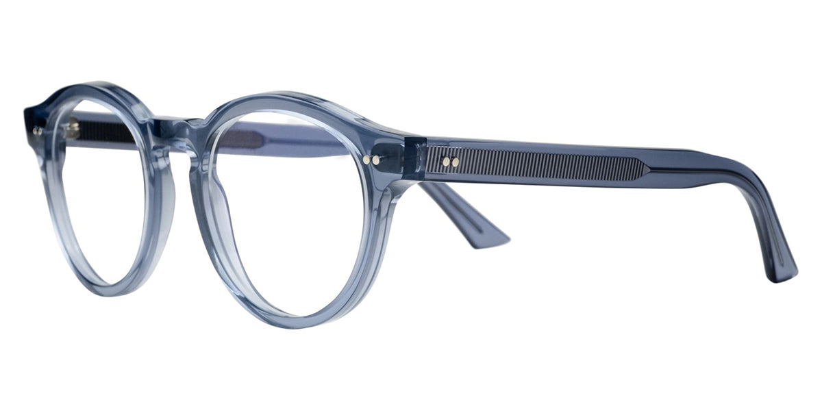 Side view of thick round blue spectacles