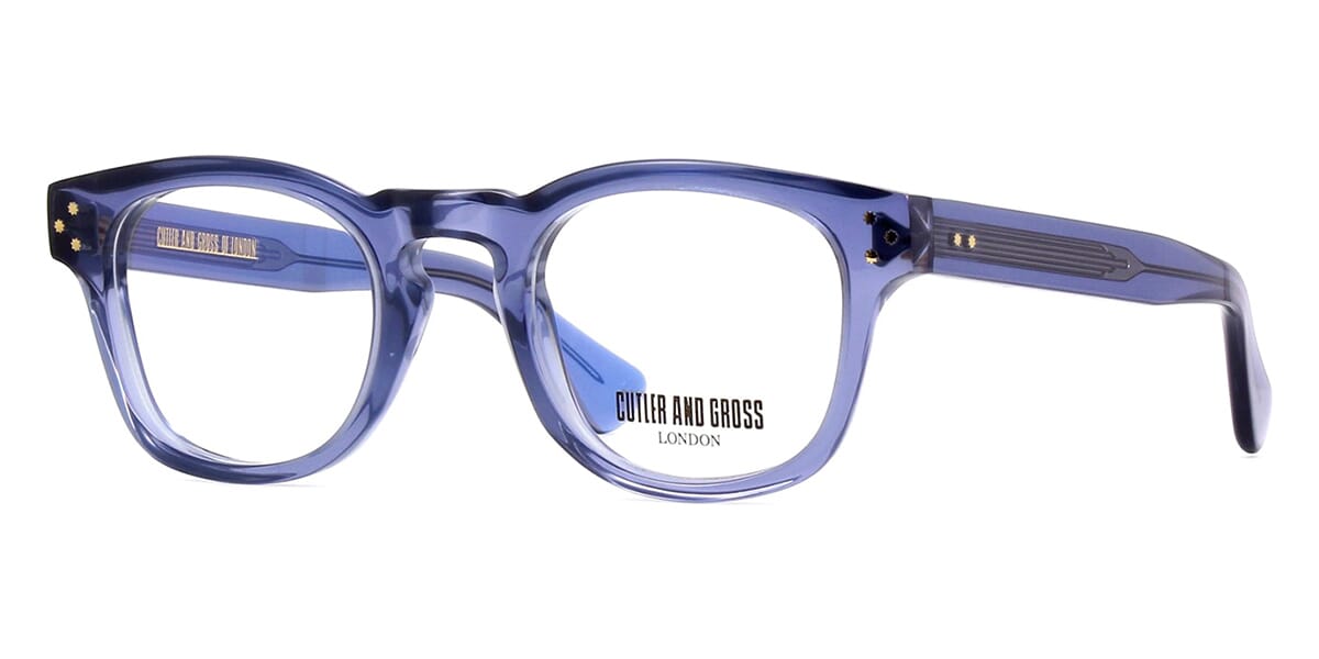 Three quarter view of transparent blue chunky eyeglasses frame