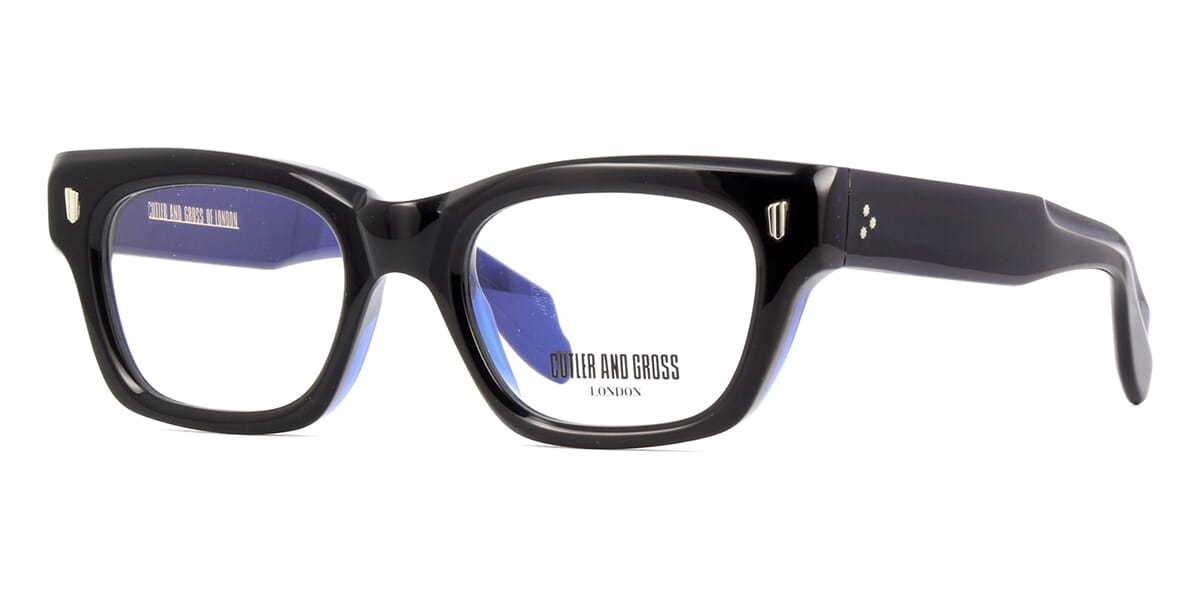 Three quarter view of thick rimmed black spectacles frame