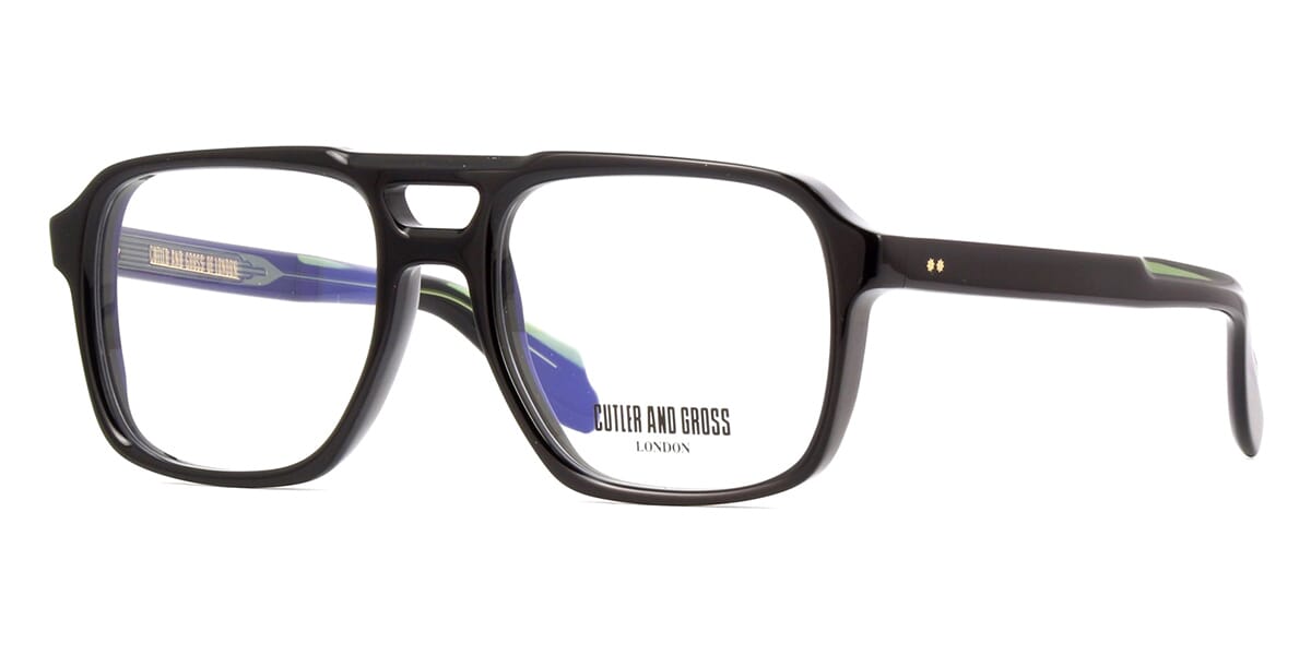 Side view of thick black Pilot style eyeglasses frame