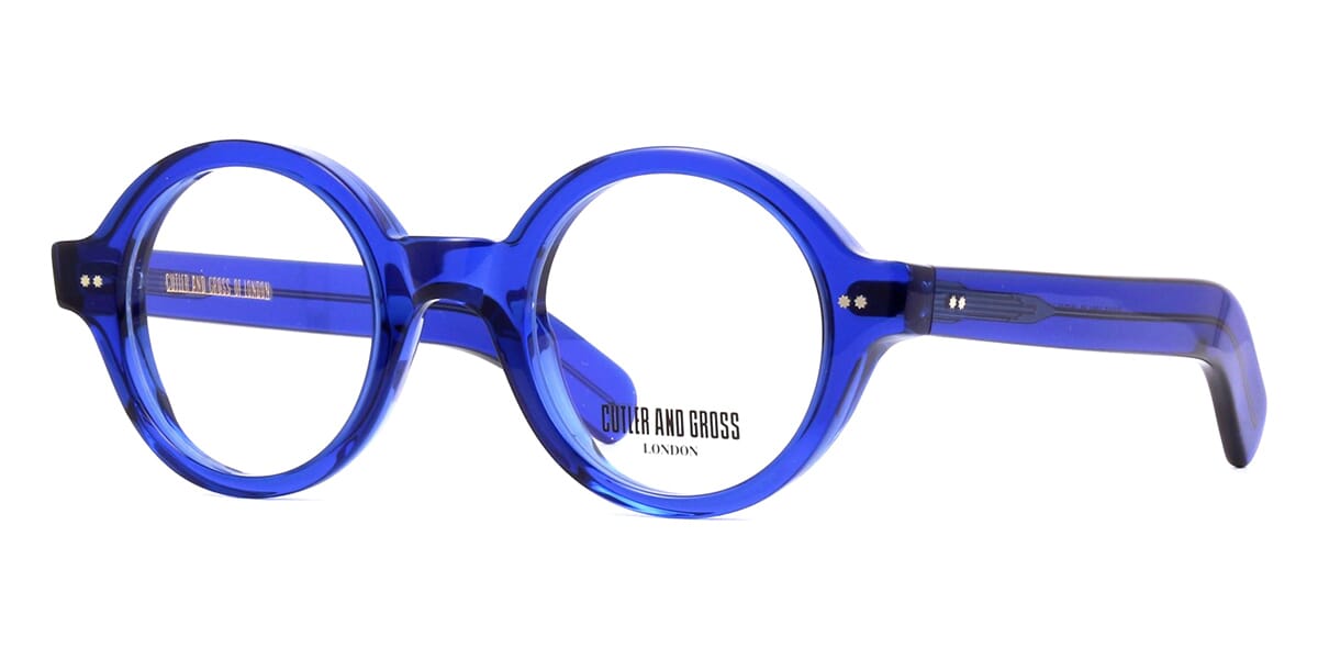 Side view of thick round blue eyeglasses frame