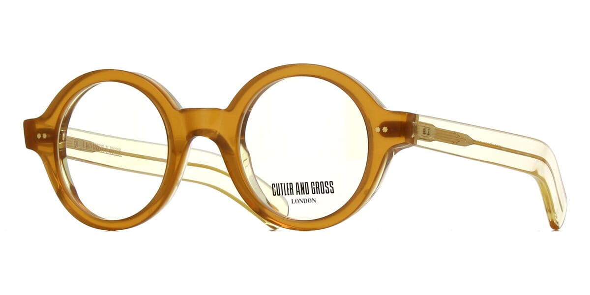 Side view of chunky amber crystal coloured eyeglasses frame