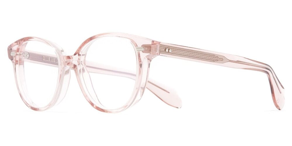 Three quarter view of crystal pink cat eye glasses frame