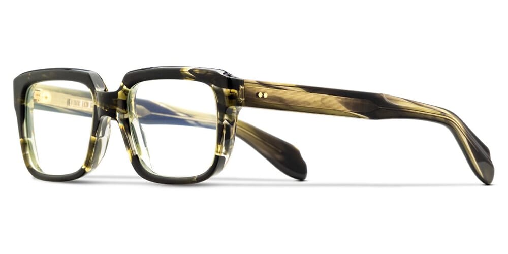 Side view of vintage style tortoise shell eyeglasses frame