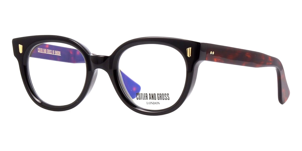 Side view of thick round two-colour eyeglasses frame