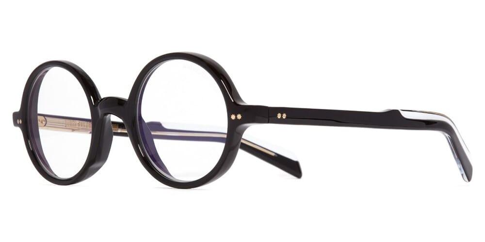 Three quarter view of round black eyeglasses frame